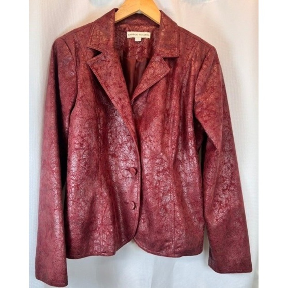 Bamboo Traders Faux Leather Blazer Jacket Womens Size L Red Distressed Y2K